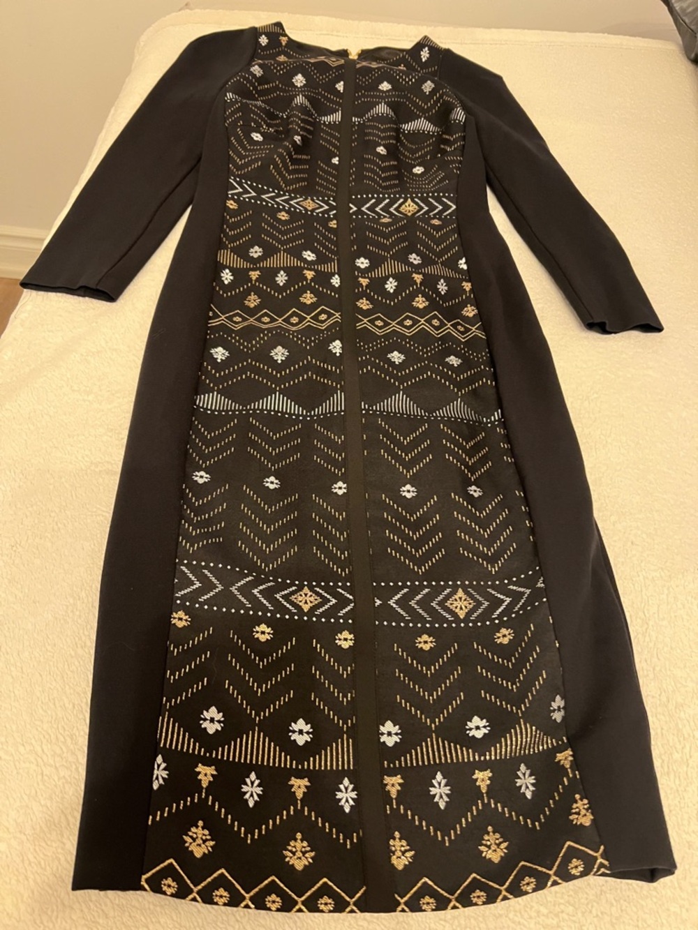 Ted Baker Black Long-Sleeve Midi Dress with Gold & White Pattern